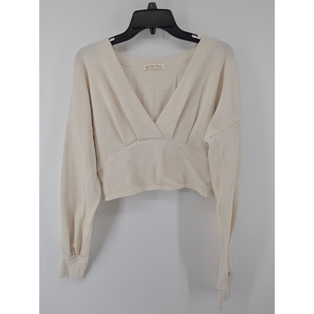 Free People We The Free Ivory Waffle Knit V-Neck Cropped Thermal Top Medium